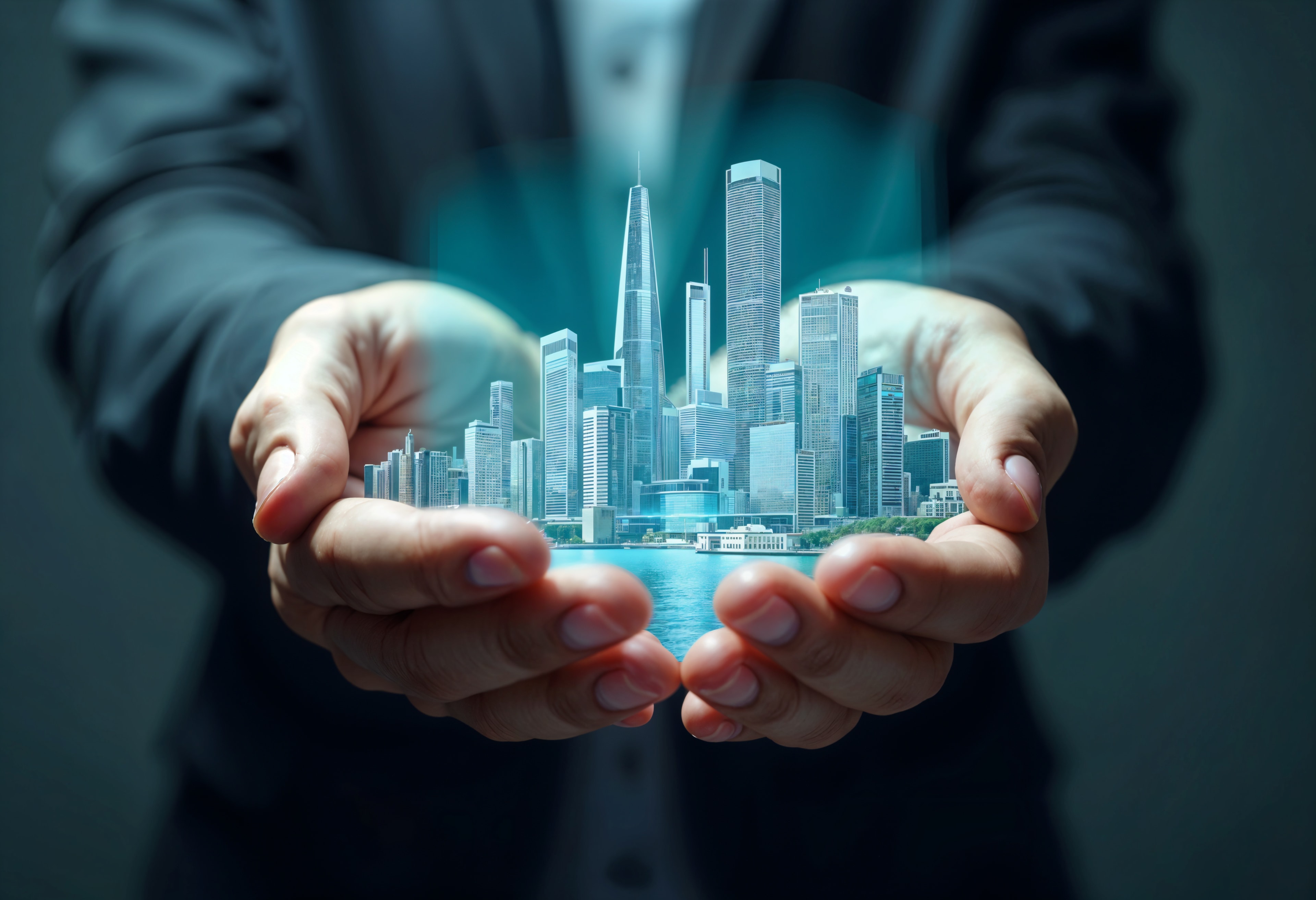 mani che tengono una città virtuale